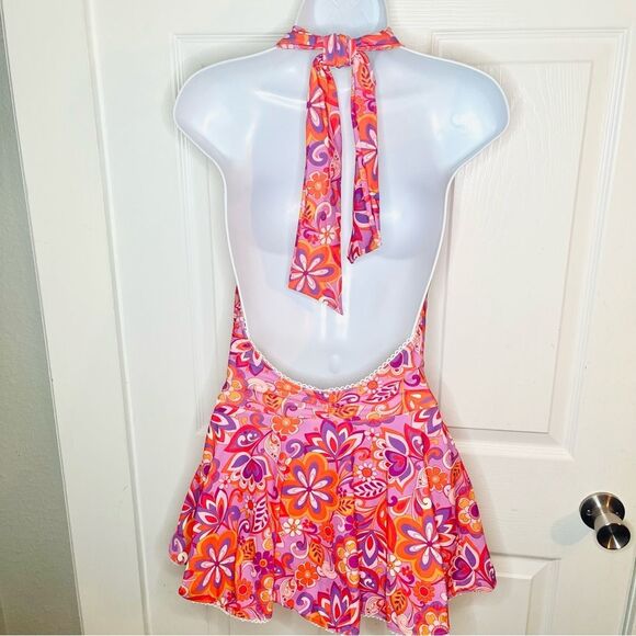 Unique Vintage Boho Floral Skirted Swimsuit Plunging Neckline Pink Orange S NWT - Picture 8 of 13